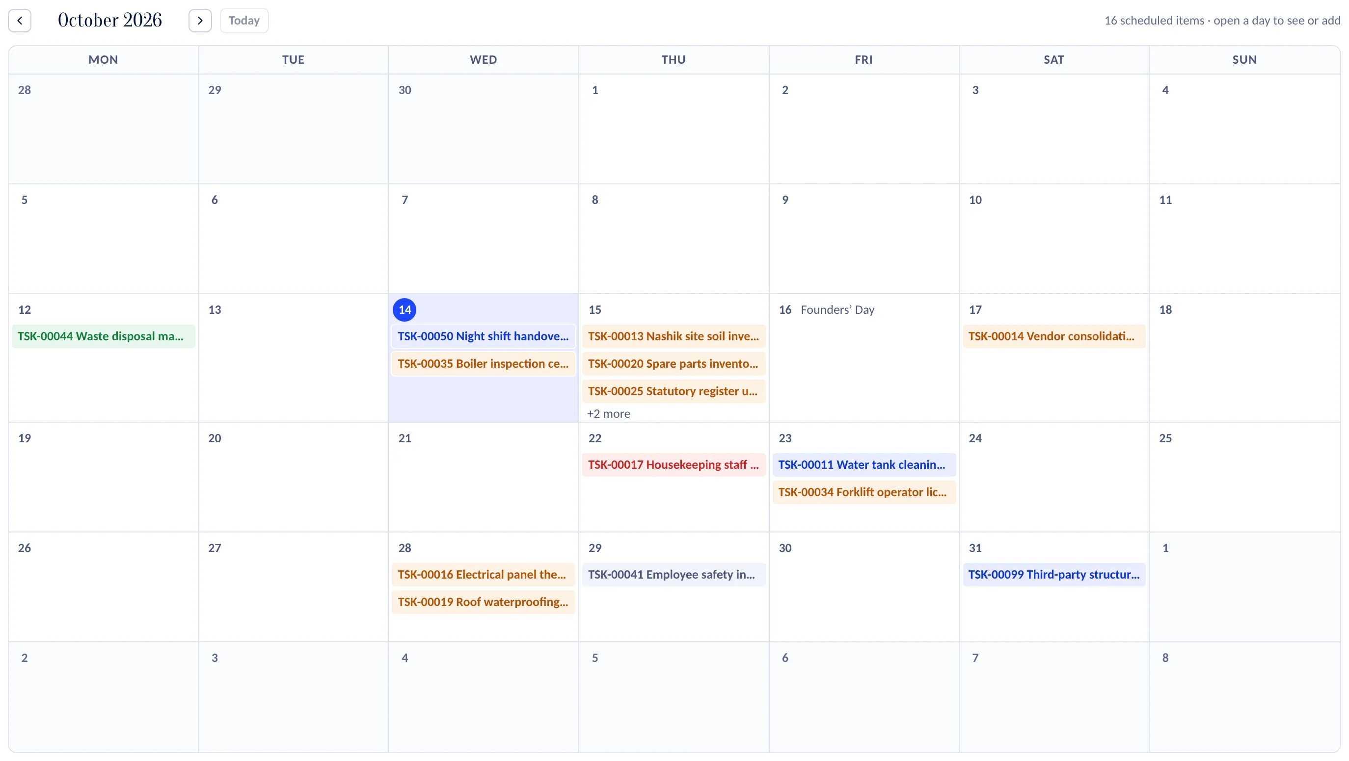A month calendar of tasks: each day lists the tasks due, with recurring work marked.