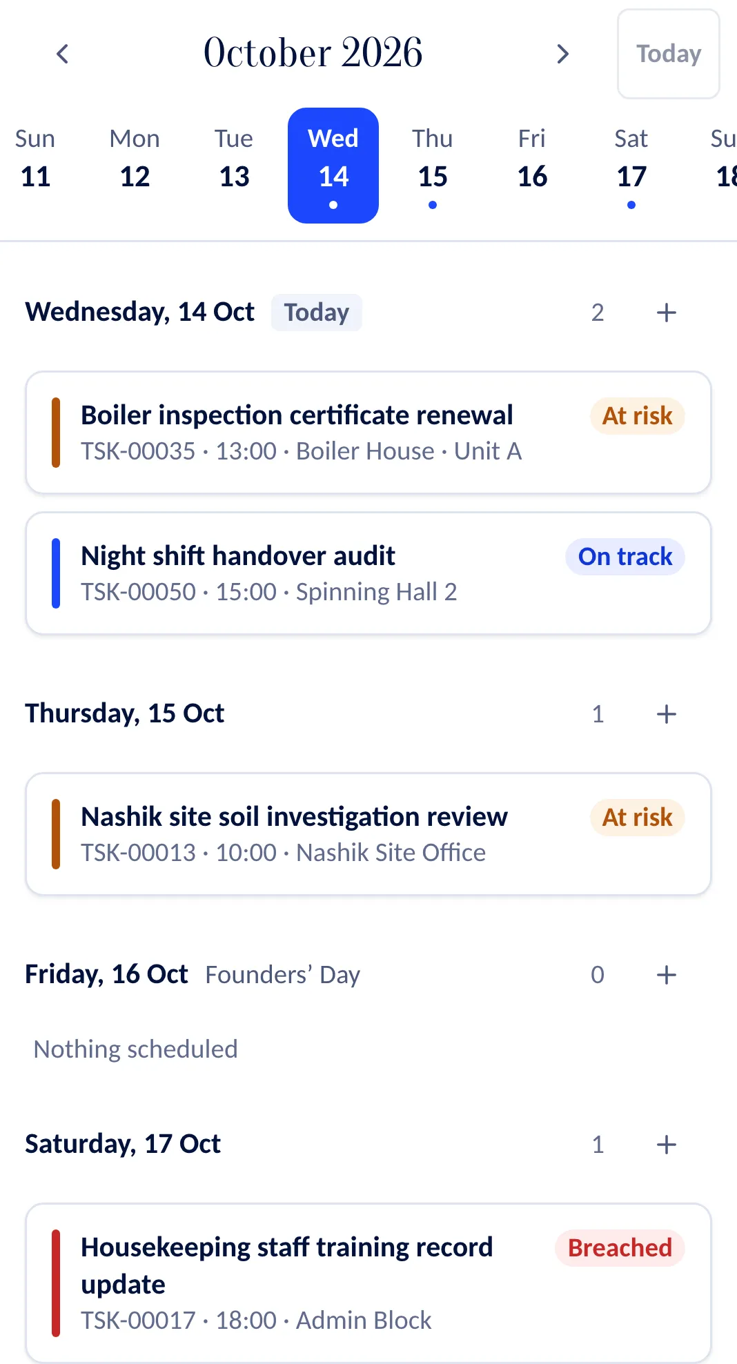 An agenda on a phone: the tasks due day by day, recurring work marked.