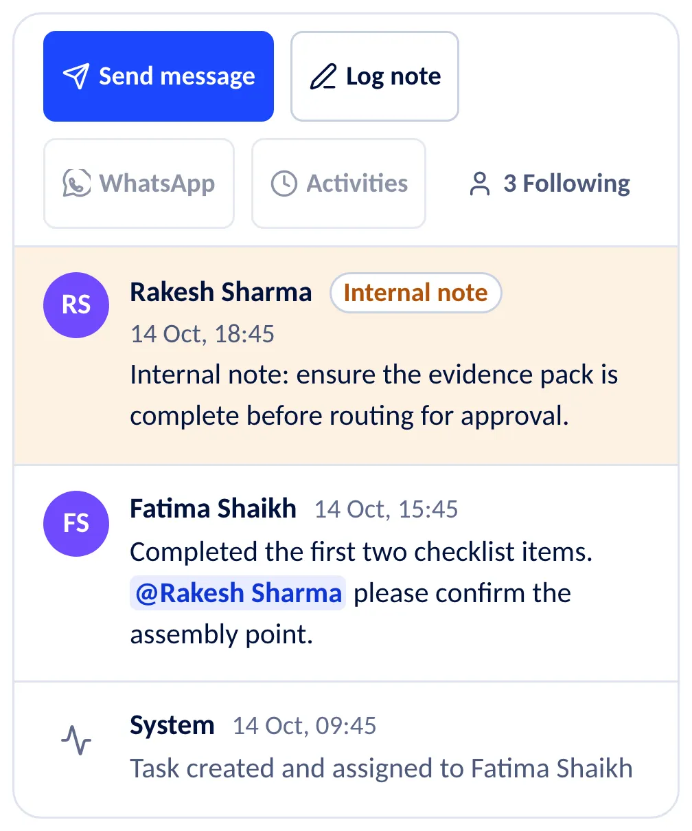 The discussion of a task on a phone: the buttons Send message, Log note, WhatsApp and Activities, then an internal note, a message that mentions a colleague, and a system entry saying the task was created and assigned.