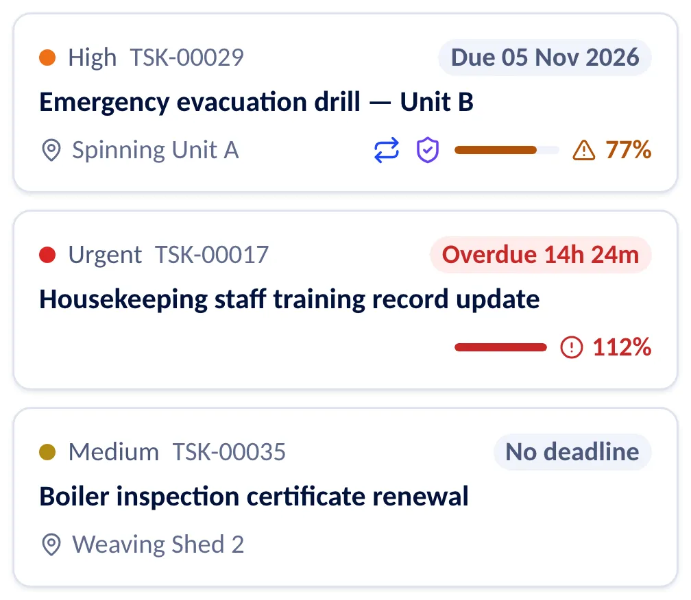 Three tasks in My Work on a phone, each with its due badge, location, marks and SLA bar.