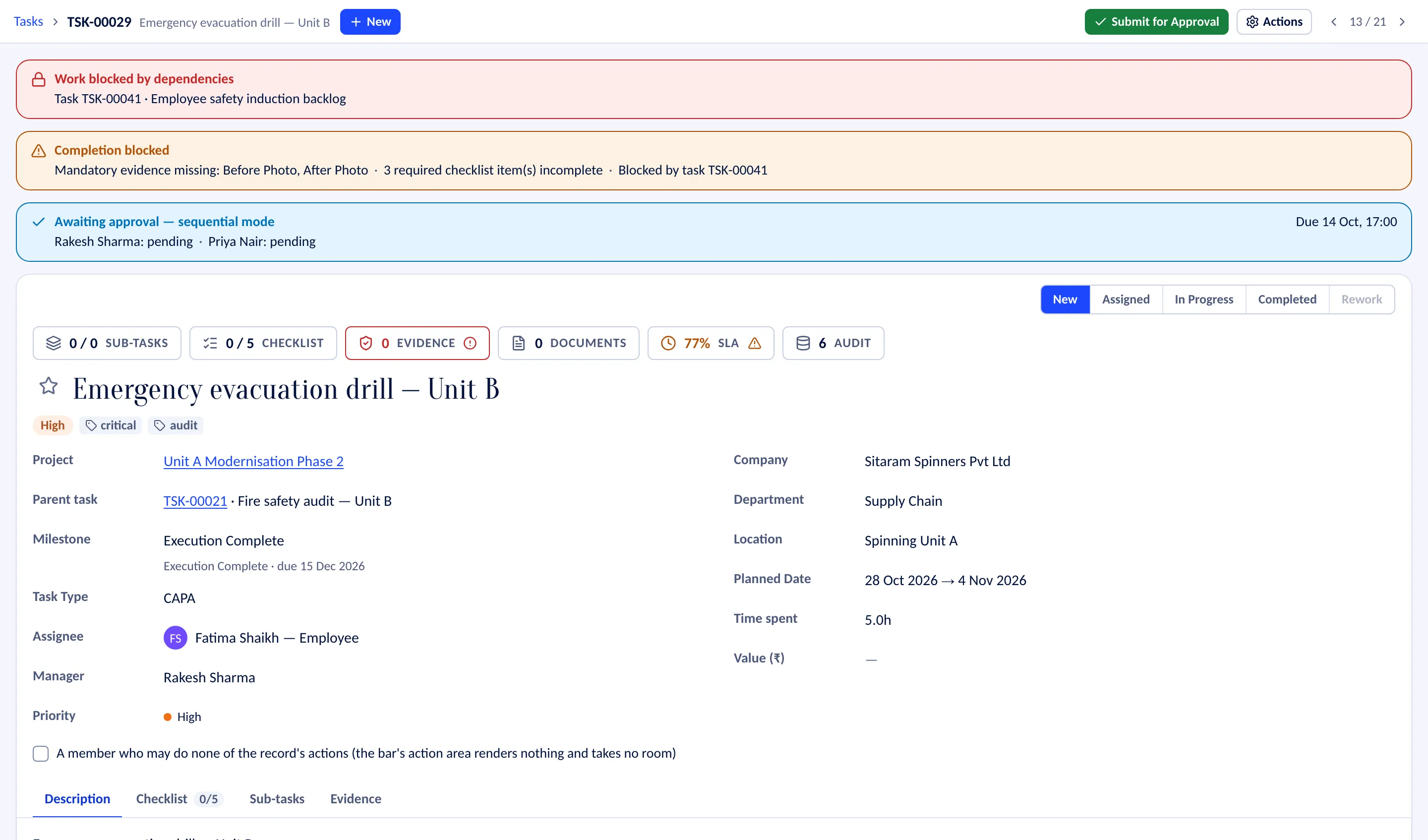 A task record: the banners naming what still blocks completion, the stage bar, and the task’s fields with its project, milestone, assignee and due date.